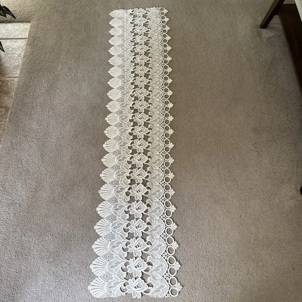 Ivory Guipure Lace Table Runner Floral Scalloped 64” x 15” Dresser Boho Vtg